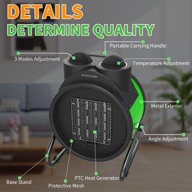 Buyplus Outdoor Heaters for Patio - 1500W Portable Garage Heater with 90°Adjustable Angle, Overheat Protection & 2S Fast Heating, Electric Space Heater for Patio, Garage, Bedroom, Office (Green)