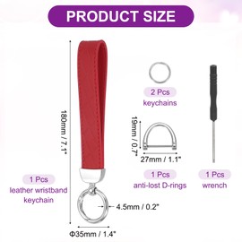 sourcing map Leather Wristlet Keychain Car Key Chain Wristlet for Women, 7 Inch Key Fob Holder with D Ring and 2 Key Ring for Keys Wallets Purse, Silver Tone/Red