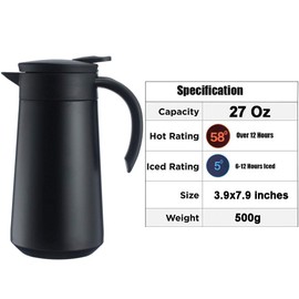Goeielewe Thermal Coffee Carafe Tea Pot Stainless Steel Insulation Pot Double Wall Vacuum Insulated Coffee Tea & Beverage Dispenser for Coffee Milk and Tea, 27 Oz (Black)