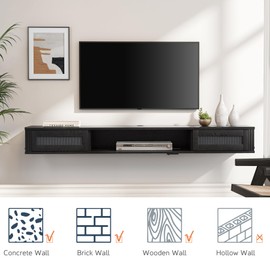 WAMPAT Floating TV Stand Shelf with Power Outlet, Mid Century Modern Wall Mount Shelf for TVs up to 80",Media Console TV Cabinet with 2 Rattan Doors,Floating TV Shelf for Living Room,Bedroom, Black