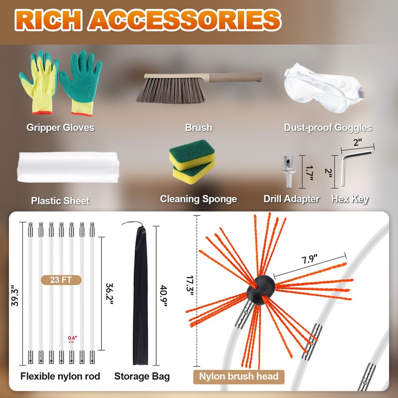 Bluesea 23 Feet Chimney Sweep Kit, Ergonomic Chimney Cleaning Kit,