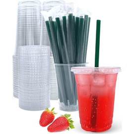 20 oz Clear Plastic Cups with Lids and Straws, Disposable Coffee Cups 25 Sets - Item Quantity: 25, Style: 32 oz Cups