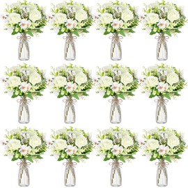 Thiccywoov 36 Pack Artificial Mini Rose Flowers with Vase Bulk, 24 Bundles Silk Rose Flower Artificial Bouquet 12 Plastic Vase with Rope Table Centerpiece Arrangement Wedding Party Deco (White)