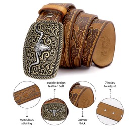 BISON DENIM Men's Western Double Embossed Leather Belts with Golden Cowboy Longhorn Bull Pattern Floral Engraved Buckle Belt