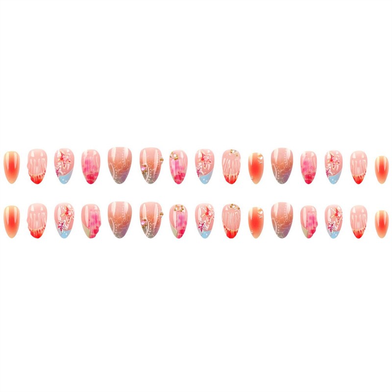 30PCS Summer Press on Nails Short Almond Fake Nails French