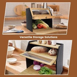 WOODSPROUT Upgraded Bamboo Bread Box for Kitchen Countertop, Double Layer Bread Storage Container, Wooden Bread Storage Bin, Bread Boxes for Kitchen Counter Corner, Cabinet, Pantry, Cupboard (Black)