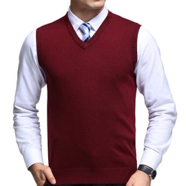 FULIER Mens Winter V-Neck Sleeveless Vest Classic Business Gentleman Knitwear Knitted Waistcoat Sweater Cardigans Tank Tops (X-Large, Red)