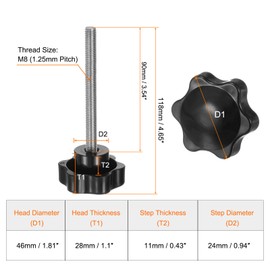 QUARKZMAN Pack of 2 Knurled Screws with Star Handle M8 x 90 mm x 46 mm Star Grip Screw Plastic Knob Stainless Steel 304 Threaded Bolts Clamping Screw Star Grip Nut Clamping Knob for Machine