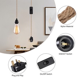 Yewclls Plug in Pendant Light Cord Vintage Hanging Lights Kit with 15ft Twisted Nylon Rope E26 E27 Socket On-Off Switch DIY Pendant Lamp Kit for Farmhouse Home [Energy Class A+++] [Energy Class A]
