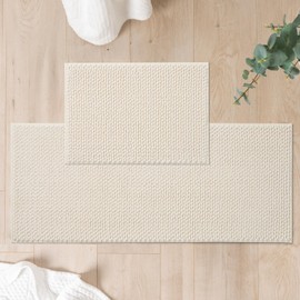 FRESHMINT Chenille Bathroom Rugs Sets 2 Piece 17"x24"+20"x47", Non-Slip Bath Mats Set for Bathroom, Absorbent Bath Rug, Washable Set of 2 Shower Floor Mat Runner, Cream