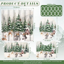 Harrycle 4 Pcs Christmas Shower Curtain Set for Bathroom Farmhouse Winter Vintage Shower Curtain with 12 Hook Rustic Bathroom Non Slip Rug Toilet Lid Cover, 70.8 x 70.8'' Waterproof(Forest Style)