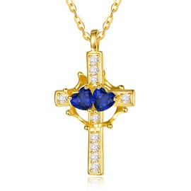 Birthstone Cross Necklace with Crown Sterling Silver Sapphire Jewelry September Birthstone Pendant Cross and Crown Necklace for Women Anniversary Birthday Jewelry Gifts for Women