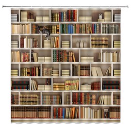 DSMEUE Bookshelf Shower Curtain Library Cat Vintage Educational Bookcase Readable Book Wooden Antique House Hippie Art Wall Bathroom Decor Curtain with Hooks,70" Wx70 H