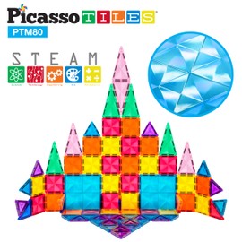 PicassoTiles 80 Pieces Magnetic Tiles Building Blocks Mini Size Diamond Series Magnet Toys Travel Size On-The-Go Construction Sensory Toys Gifts Educational Set STEM Learning Kit Playset PTM80