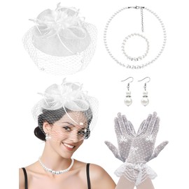 1950s Retro Fascinator Hat with Veil Feathers Elegant Pillbox Headpiece for Women, Includes Pearl Jewelry Set & Lace Gloves (Black) for Funeral, Tea Party, Cocktail Events