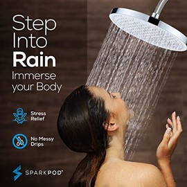 SparkPod - Cabezal de ducha de lluvia redondo de 10 pulgadas, cabezal de ducha de lluvia para montaje en techo o pared, cabezal de ducha de gran cobertura, rótula de latón con ajuste de 360°