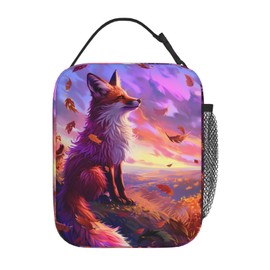 Ti Caldi Stunning Sunset Fox Lunch Box for Women Girls Kids, Insulated Cooler Lunch Bag with Fall Leaf for School, Picnic, Office, Travel, Work, Portable Reusable Polyester Thermal Tote Lunch Bags