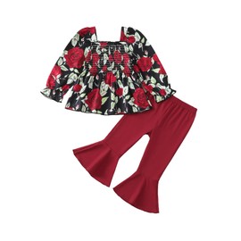 Toddler Girl Clothes 2t 3t Girl Clothes Fall Winter Kids Floral Long Sleeve Smocked T Shirts Red Stretch Pants Little Girl Outfit Cute Kids Clothing