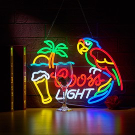Bar Parrot Crs LIGHT Neon Sign for Beer Palm Tree Wall Décor Dimmable Switch Neon LED Light up Signs with USB Powered for Home Bedroom Man Cave Art Decor Gift