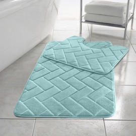 PARADISE STAR Block Memory Foam Bath Mat Extra Absorbent, Soft & Comfortable, Non Slip Bathroom Rug and Pedestal Bath Mat Set COLOUR AQUA