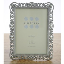 Sixtrees Louisa 2-517-57 Antique Vintage Shabby Chic Style cast silver metal photo frame with pearl beads for a 7"x 5" picture. Complete with our microfibre cleaning cloth