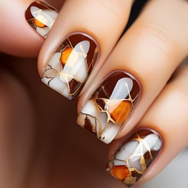 Short Press on Nails Square Brown Fake Nails with Design Glossy False Nails Ombre Gold Acrylic Nail Tips Artificial Finger Manicure Full Cover Glue on Nails Romantic Stick on Nails for Women 24Pcs