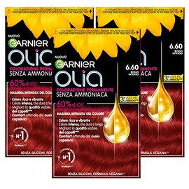 Garnier Olia Permanent Hair Dye, Ammonia-Free, Coloring with Natural Flower Oils with Brightening and Nourishing Effects, Color 6.60, Intense Red, 3 Packs
