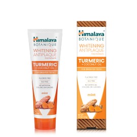 Himalaya Botanique Whitening Antiplaque Toothpaste with Turmeric + Coconut Oil for Brighter Teeth, Mint Flavor, Fluoride Free, Vegan, Gluten Free & SLS Free, 113 g (4 oz)