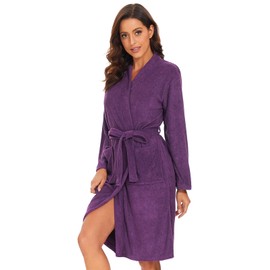 vislivin Leichter Bademantel Damen Frottee Bademantel Sauna Morgenmantel Knielanger Saunamantel Bathrobe Damen Lila L