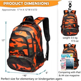 BLUEFAIRY Kids Backpacks for Boys Girls Elementary Primary Middle School Bookbags Back to School Bags for Childs Age 6-8 Mochilas Escolares para Niños Niñas 17 Inch Camo Orange