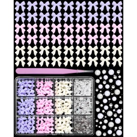 3D Bows Nail Charms, Acrylic Color Bows Bowknots Nail Charms, Purple Pink Yellow Bows Tie Nail Charms Flatback Pearl Charms for Nail Art Decor Accessories DIY