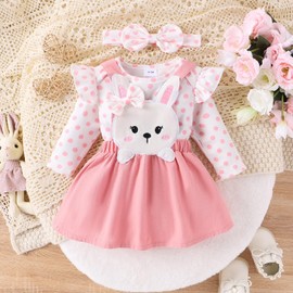 Aenbilo 18 Months Baby Girl Easter Outfit My 1st Easter Bunny Dress Ruffle Long Sleeve Romper Bunny Print Skirt Set Rabbit Suspender Skirt Pink Dress Headband 3pcs 12-18 Months