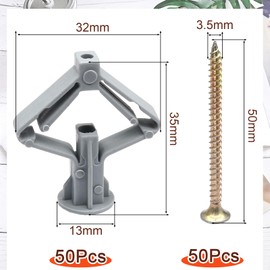 Jiozermi 100 Pcs Hollow-Wall Anchors, Drywall Anchor kit with Screws, Self-Drilling Hollow Wall Anchors(Grey Anchor 50pcs + Screws 50pcs)