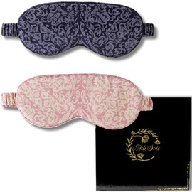 Ade'Soie Mulberry Silk Sleep Mask, 22 Momme Grade 6A 2 Pack in Gift Box, Organic Silk Sleep Mask for Men and Women, Vintage Print, Black and Pink, Hypoallergenic