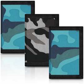 Sundee RFID Blocking Kids Wallet, 3 Pack Mini Trifold Coin Purse, Front Pocket with Zipper, Canvas Outdoor Sports Wallets with Magic Sticker - Camouflage Blue