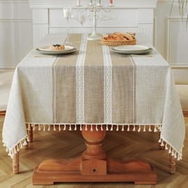 Laolitou Cotton Linen Waterproof Tablecloth for Dining Table Rustic Farmhouse Kitchen Rectangle Table Cloth Coffee Table Cover, Coffee Lines, 55x86 Inch