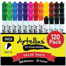 Artellius Dry Erase Markers Bulk Set - 120 Count (12 Assorted Colors & 21 Black) - Thick Barrel Tips & Low Odor Ink - Easy Wipe on Whiteboards & Mirrors - Classroom Must Haves - Bulk Dry Erase Markers