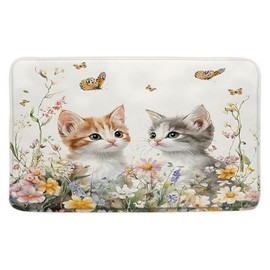 Butterfly and Kitten Floral Bath Mat Cute Cat Spring Farmhouse Rustic Farm Animal Garden Cats Pet Lover Wildflower Bath Mat Home Bathroom Kitchen Door Doormat Toilet Floor Carpet