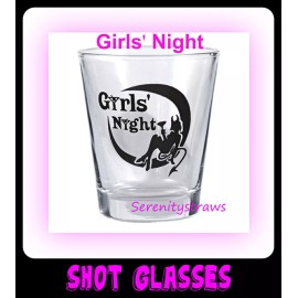 Unbranded "GIRLS' NIGHT"  Shot Glasses,  Clear with Black Graphic,  1.75 oz.,  2" Tall.