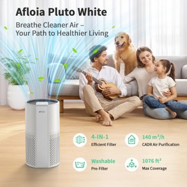 Afloia Air Purifier for Home, 4-in-1 Washable Filter for Allergies, Covers Up to 1076 ft², Quiet Operation, Auto Shut-Off & Night Light, Removes Pet Dander, Pollen, Dust, Mold, and Smoke, White,Pluto