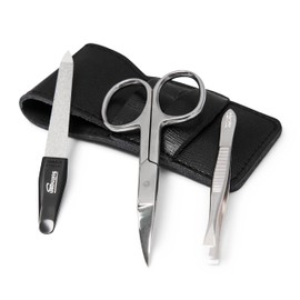 TITANIA Manicure Case Set (3 Pieces) • High Quality Manicure Set in Genuine Leather Case • With Nail Scissors, Solingen Nail File & Solingen Tweezers • Nail Set Manicure (Black)