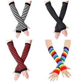 JTMKYO 4 Pieces Long Striped Gloves for Women Finger Sleeves Knitted Thermal Gloves Fingerless Gloves Fashion Gloves Suitable for Warm Wear in Autumn and Winter, Cotton