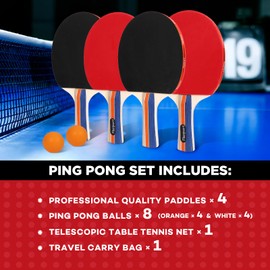 FBSPORT Ping Pong Paddle Set, Table Tennis Set with 4 Rackets and 8 Balls, Retractable Net with Storage Bag - Pingpong Paddle Accessories for Indoor/Outdoor Games