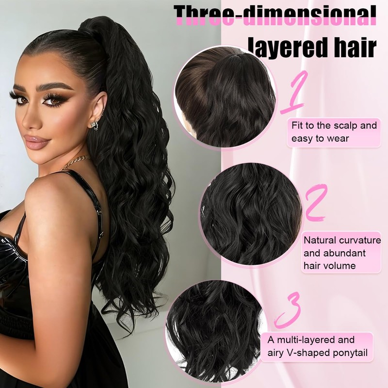 LRSICAL Ponytail Extension, Claw Clip Ponytail Extensions Long Wave Black