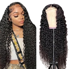 Lakaisa Human Hair Deep Wave Human Hair Wig 4 x 1 Lace #1B Natural Black Glueless Wear and Go Wig Women's Real Hair Bleached Knots Pre Plucked Hairline with Baby Hair for Woman 24 Inches (61 cm)