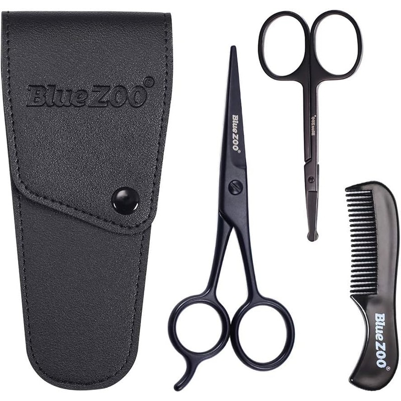 BlueZOO Beard Mustache Scissors and Comb Kit with PU Storage