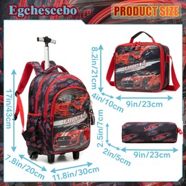 Egchescebo Kids Rolling Cars Backpack for Boys Trolley Suitcases Luggage Travel with Wheels Bookbag Wheeled 17" 3PCS Roller Backpacks Toddler Tote Bag Back Pack School Bags Set Elementary Red