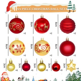 Set of 44 Christmas Baubles White Gold Diameter 6/4.3/3 cm Christmas Decoration Baubles with Hooks, Pendant Christmas Tree Baubles Plastic Christmas Tree Baubles for Christmas Party Christmas Gifts