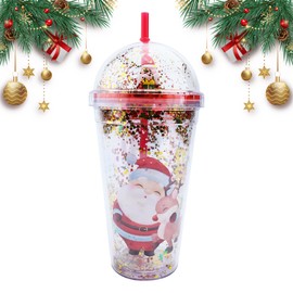 450 ml Christmas Water Bottle with Straw and Lid, Double-Walled Cup, Snowman, Santa Claus, Reusable Water Cup, Smoothie Cup, Leak-Proof Drinking Bottle for Juice, Coffee (BB)