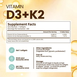 Vitamin D3 K2 Supplement Softgels – Natural Nutritional Support for Energy & Health, Potent Botanical Formula, 300 Capsules